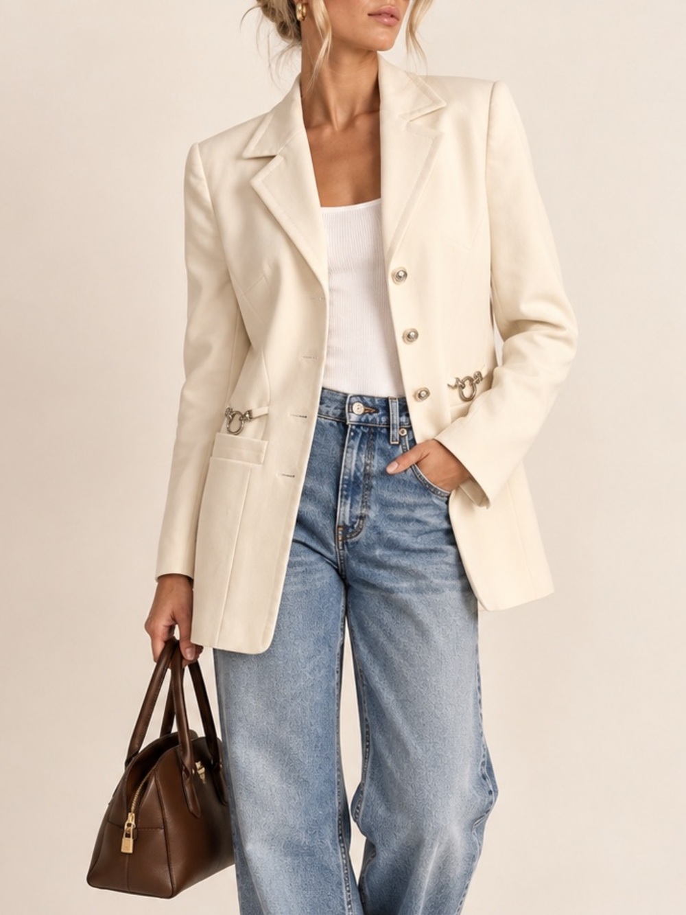 Vintage Escada Margaretha Ley Ivory Equestrian Horsebit Longline Blazer 40